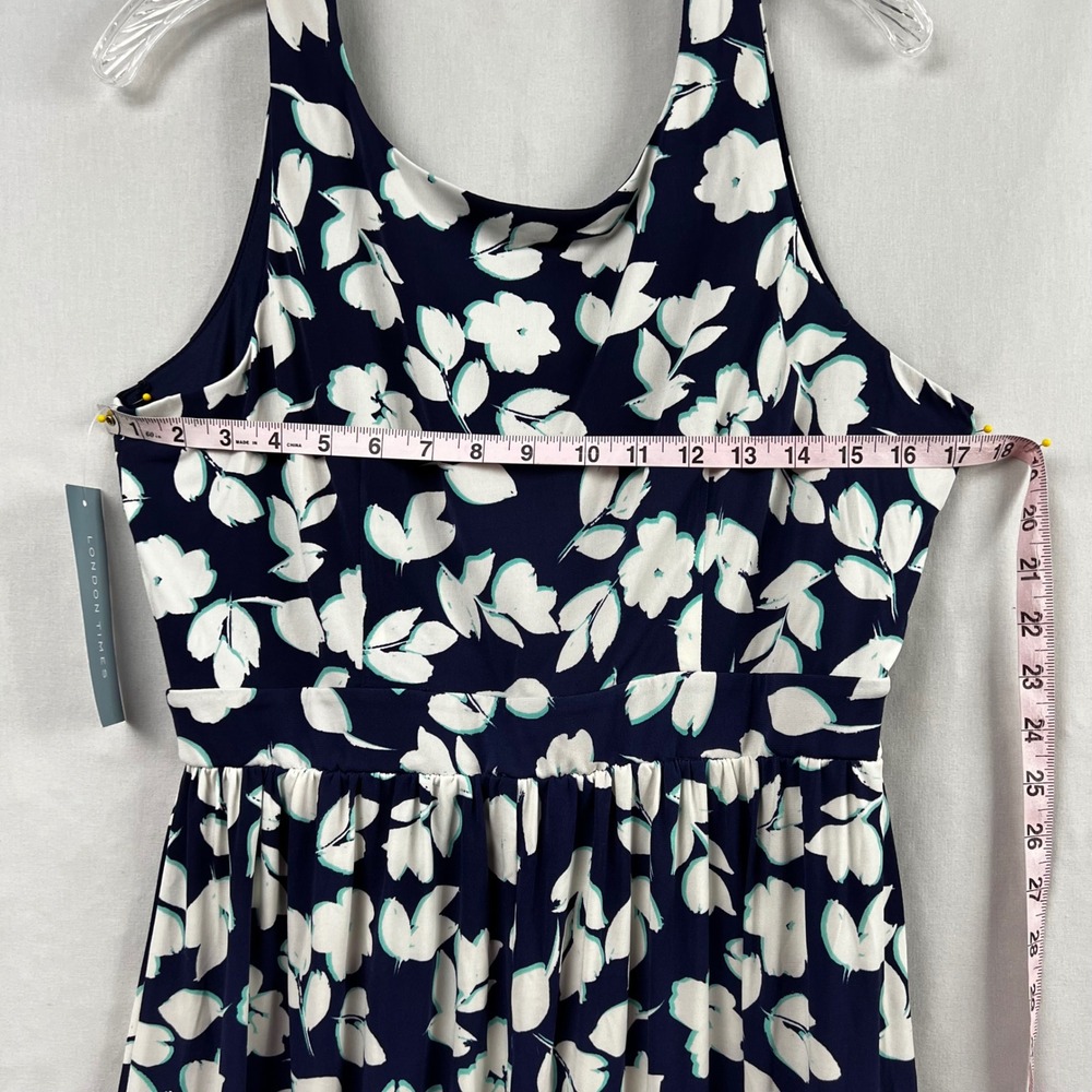 London Times Maxi Dress Large Navy Blue White Floral Sleeveless Scoop Neck - Picture 7 of 15